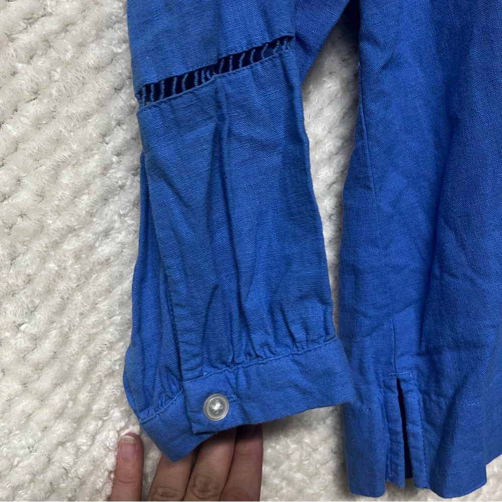 LOFT Womens Top Royal Blue Blouse with Sleeve Accents V Neck Linen Blend Small - Picture 4 of 10